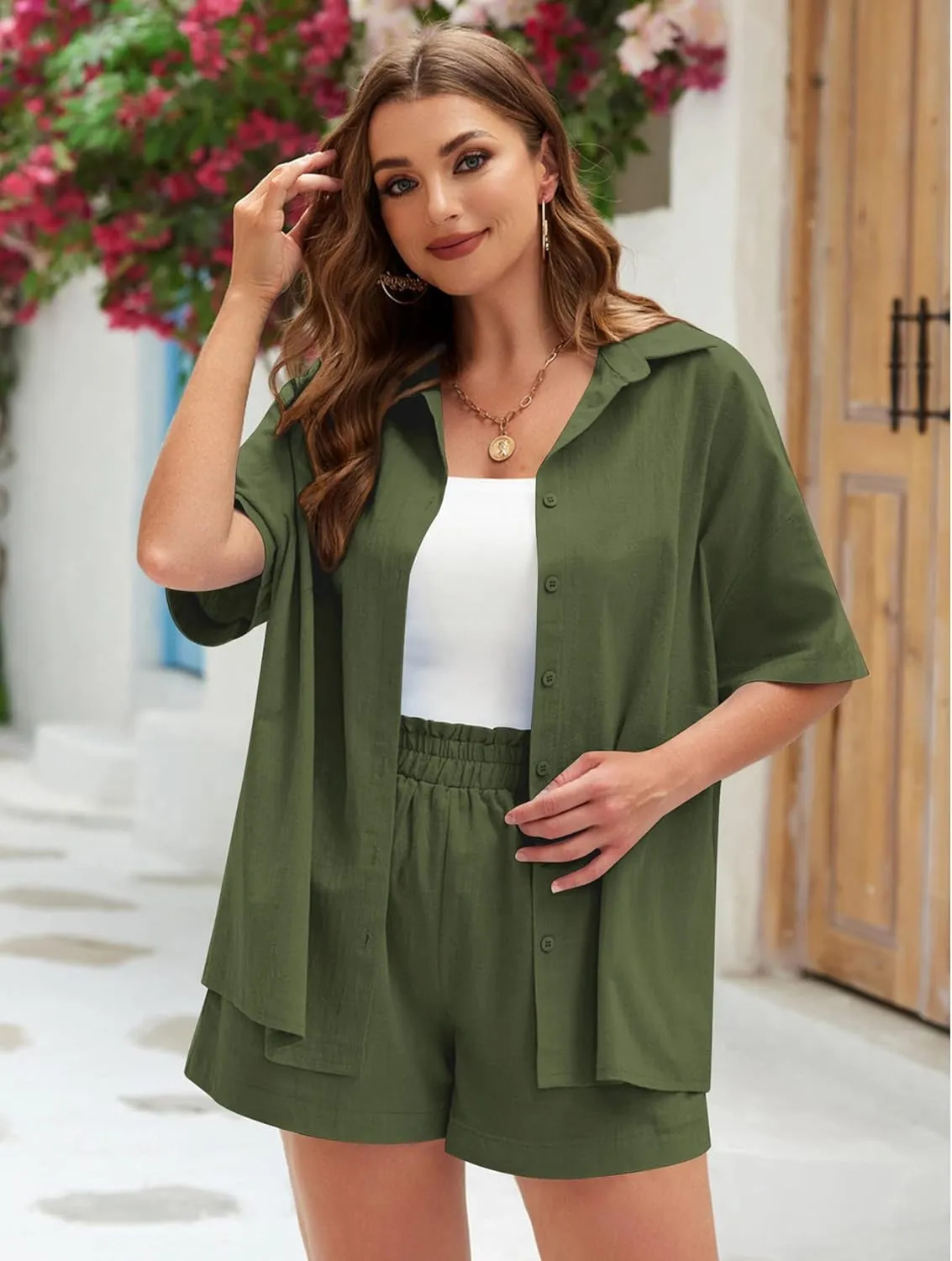 IN'VOLAND Women's Plus Size 2 Piece Tracksuit Outfits Sets Cotton Linen Sets Short Sleeve Shirt Summer Casual Shorts Set