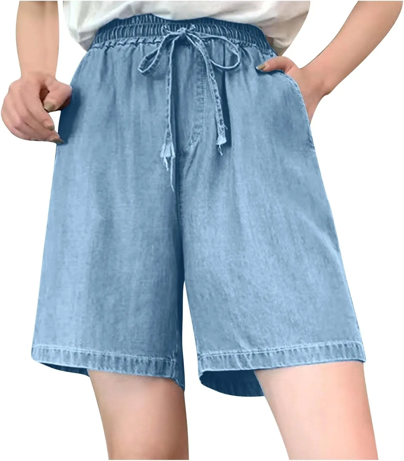 Jean Shorts for Women High Waisted Lightweight Comfy Denim Shorts Casual Drawstring Elastic Waist Long Shorts