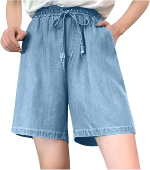 Jean Shorts for Women High Waisted Lightweight Comfy Denim Shorts Casual Drawstring Elastic Waist Long Shorts