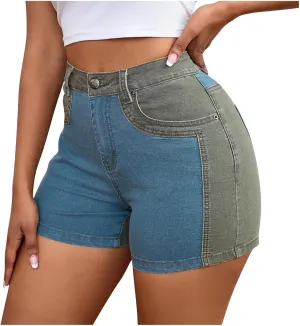 Jean Shorts for Womens High Waisted Stretchy Sexy Butt-Lifting Denim Shorts Colorblock Splicing Streetwear Hot Shorts