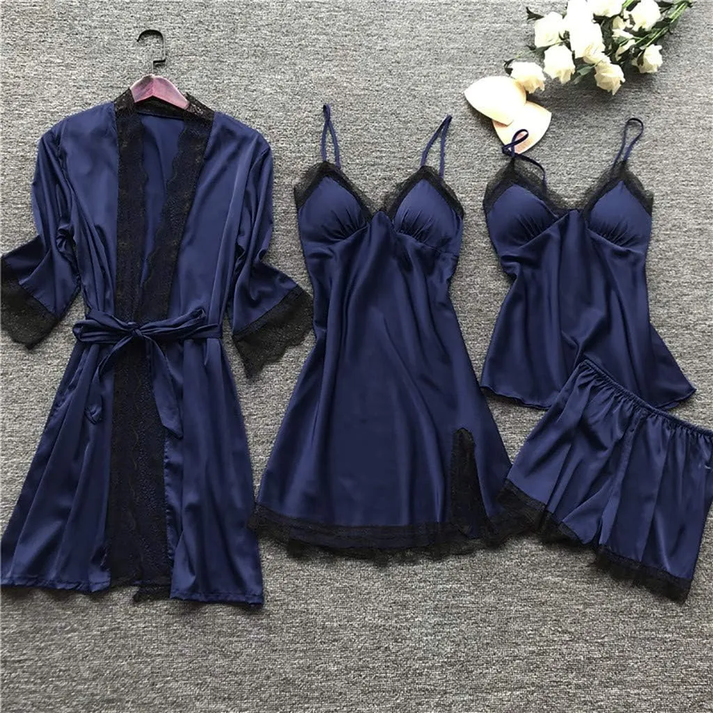 JiXiang Sleepwear for Women Pajama Set 4 Piece Sexy Silk Satin Pajamas Set Lingerie Floral Lace Cami Sleepwear with Robe