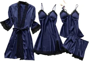 JiXiang Sleepwear for Women Pajama Set 4 Piece Sexy Silk Satin Pajamas Set Lingerie Floral Lace Cami Sleepwear with Robe