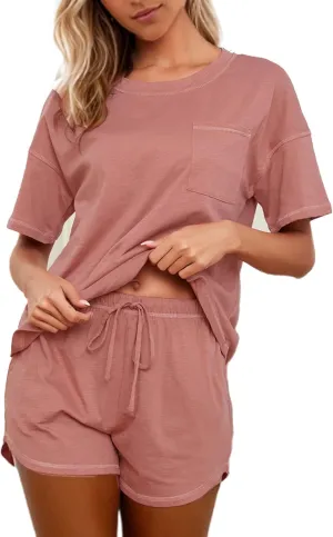 KCW Pajamas for Women Set 2 Piece Cotton Lounge Sets Short Sleeve Top and Shorts Pj Set Sleepwear Outfits