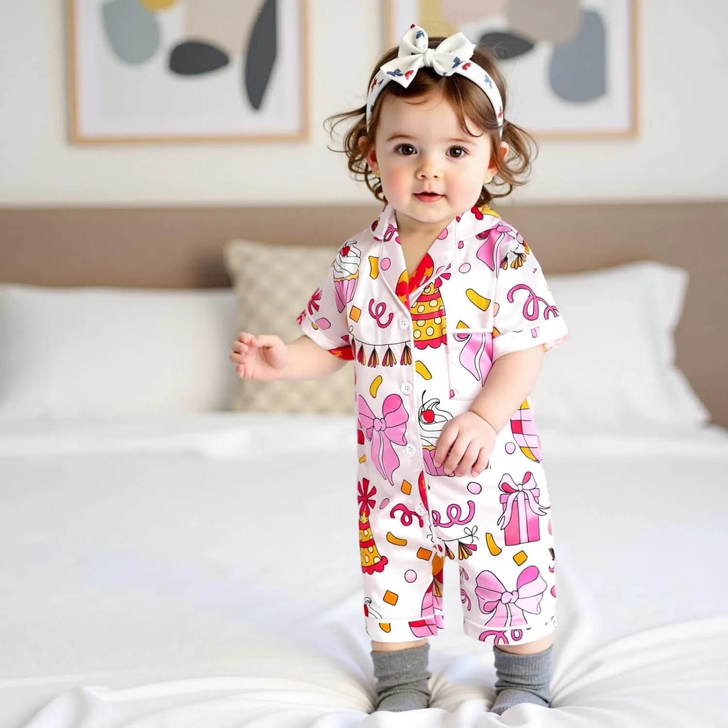 Kuriozud Baby Girl Boy Birthday Button Down Silk Satin Pajamas Romper One-Piece Jumpsuit Short Sleeve Nightgown Pjs Sleepwear
