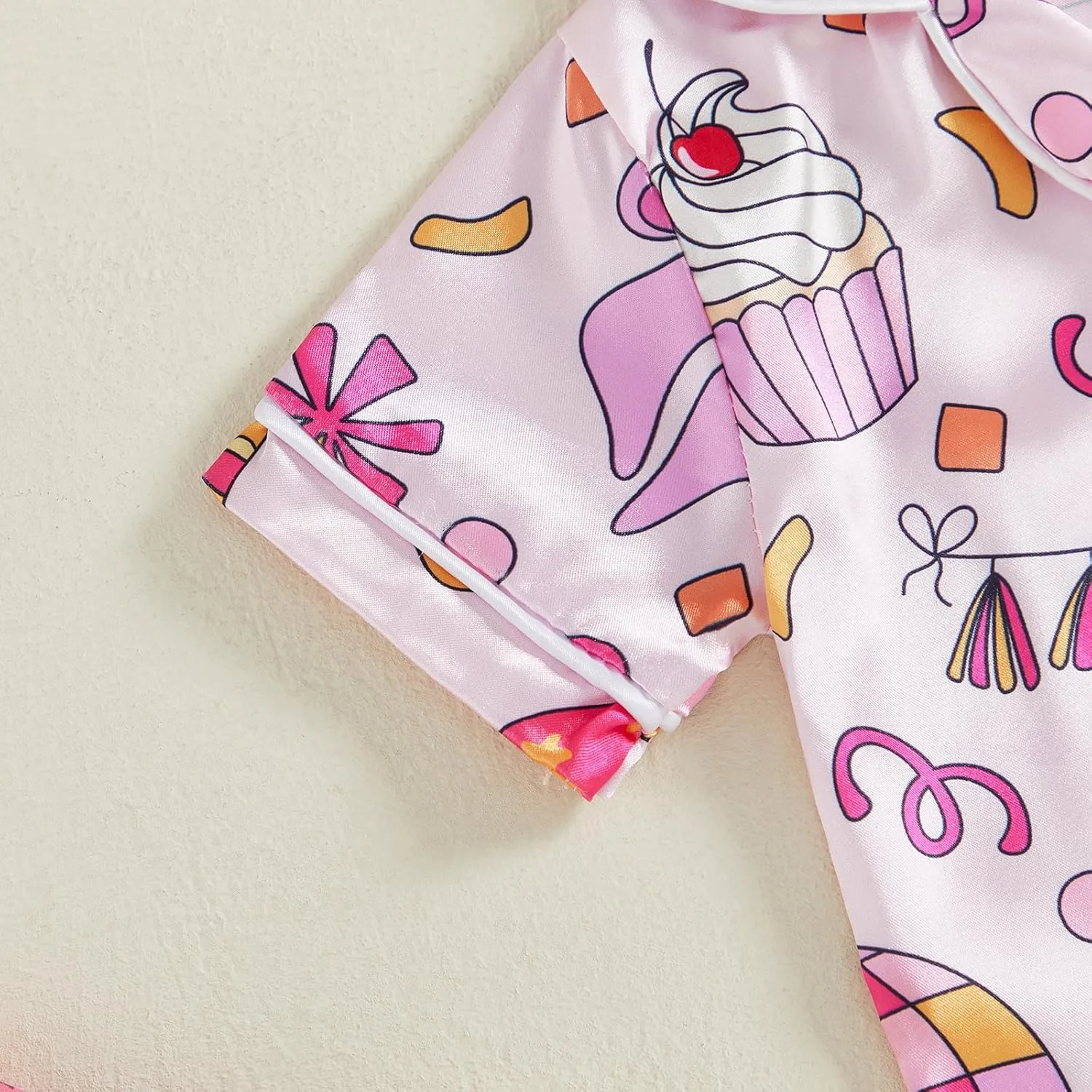 Kuriozud Baby Girl Boy Birthday Button Down Silk Satin Pajamas Romper One-Piece Jumpsuit Short Sleeve Nightgown Pjs Sleepwear