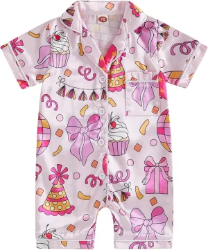 Kuriozud Baby Girl Boy Birthday Button Down Silk Satin Pajamas Romper One-Piece Jumpsuit Short Sleeve Nightgown Pjs Sleepwear