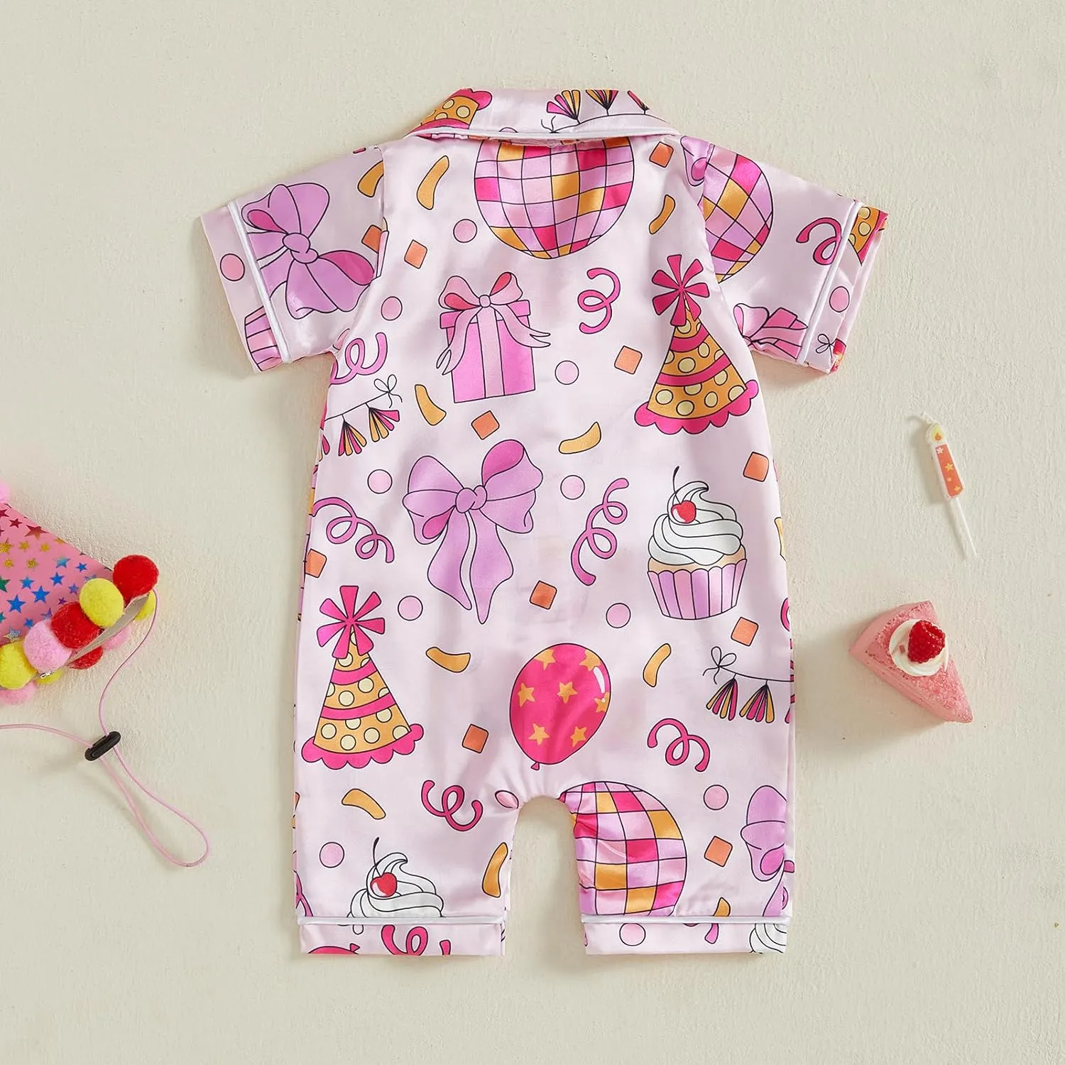 Kuriozud Baby Girl Boy Birthday Button Down Silk Satin Pajamas Romper One-Piece Jumpsuit Short Sleeve Nightgown Pjs Sleepwear