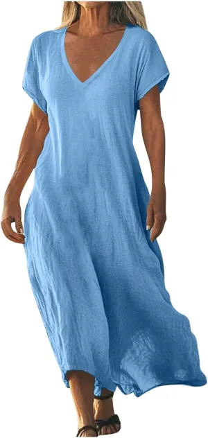 Linen Casual Dresses for Women Flowy V Neck Short Sleeve Solid Maxi Dress Lightweight Summer Beach Vacation Clothes