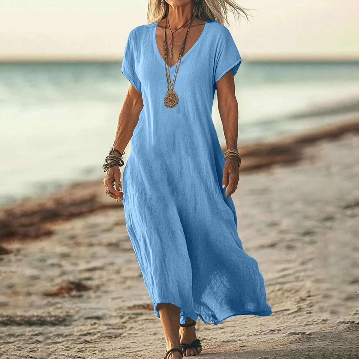 Linen Casual Dresses for Women Flowy V Neck Short Sleeve Solid Maxi Dress Lightweight Summer Beach Vacation Clothes