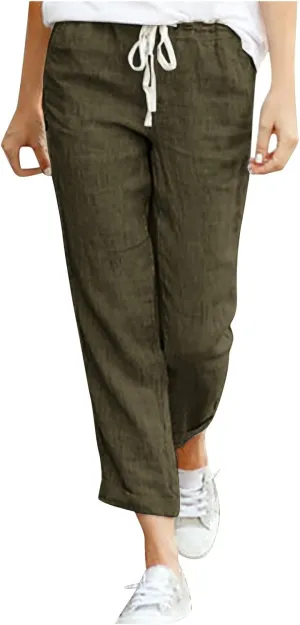 Linen Pants for Women Beach Vacation Elastic Waist Drawstring Trousers 2025 Summer Casual Straight Legs Gauze Pants