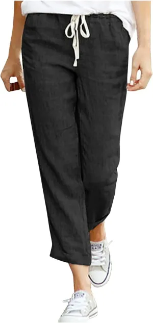 Linen Pants for Women Beach Vacation Elastic Waist Drawstring Trousers 2025 Summer Casual Straight Legs Gauze Pants