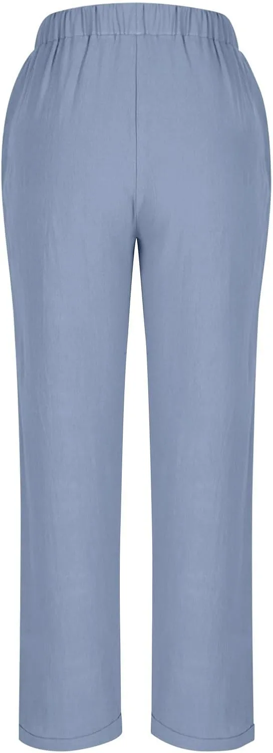 Linen Pants for Women Beach Vacation Elastic Waist Drawstring Trousers 2025 Summer Casual Straight Legs Gauze Pants