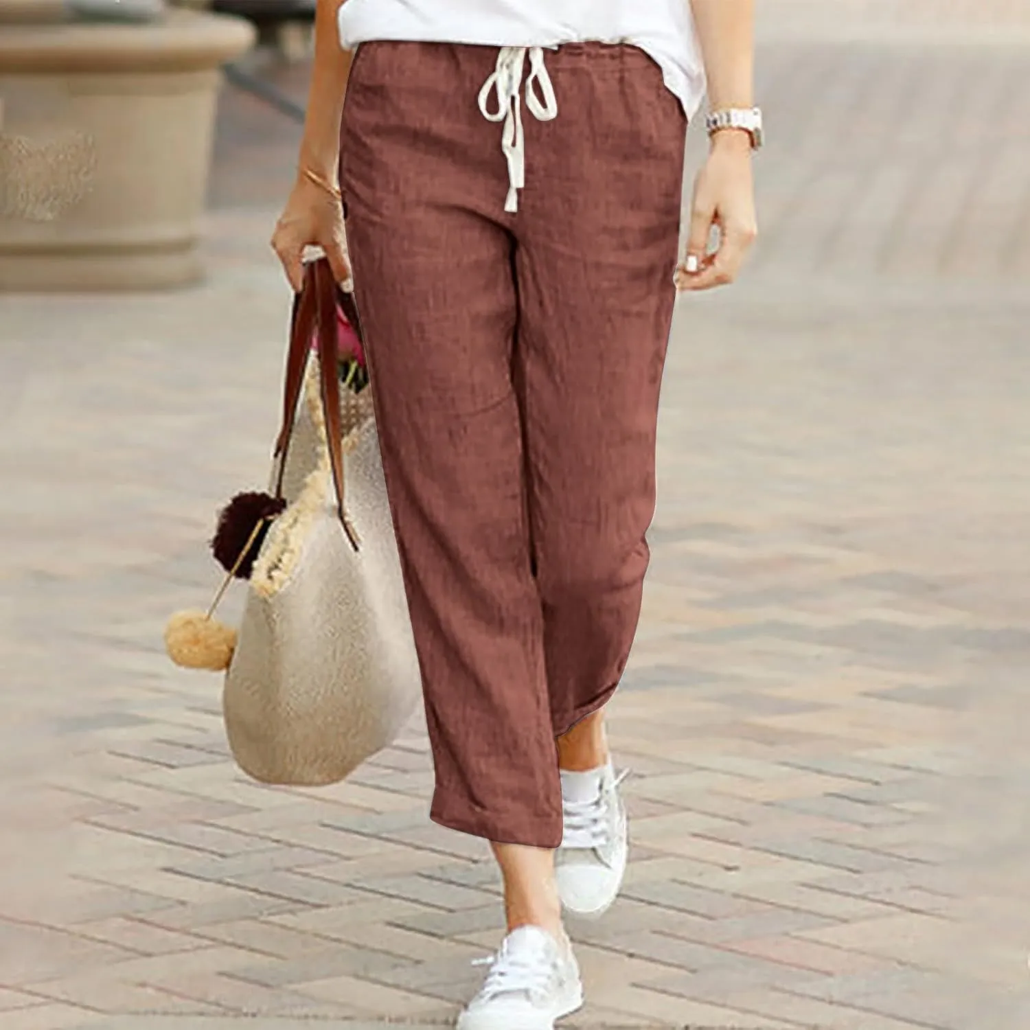 Linen Pants for Women Beach Vacation Elastic Waist Drawstring Trousers 2025 Summer Casual Straight Legs Gauze Pants