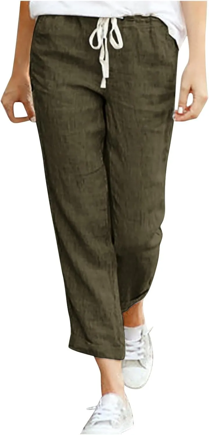 Linen Pants for Women Beach Vacation Elastic Waist Drawstring Trousers 2025 Summer Casual Straight Legs Gauze Pants