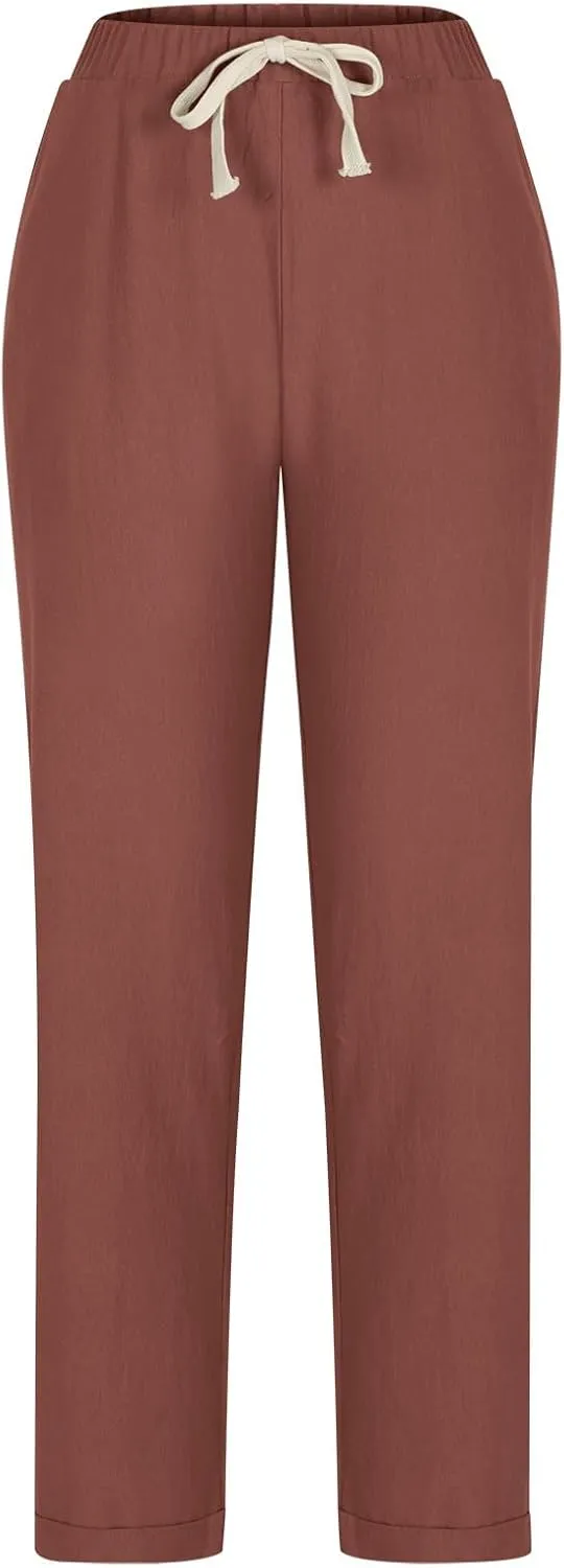 Linen Pants for Women Beach Vacation Elastic Waist Drawstring Trousers 2025 Summer Casual Straight Legs Gauze Pants