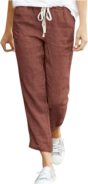 Linen Pants for Women Beach Vacation Elastic Waist Drawstring Trousers 2025 Summer Casual Straight Legs Gauze Pants