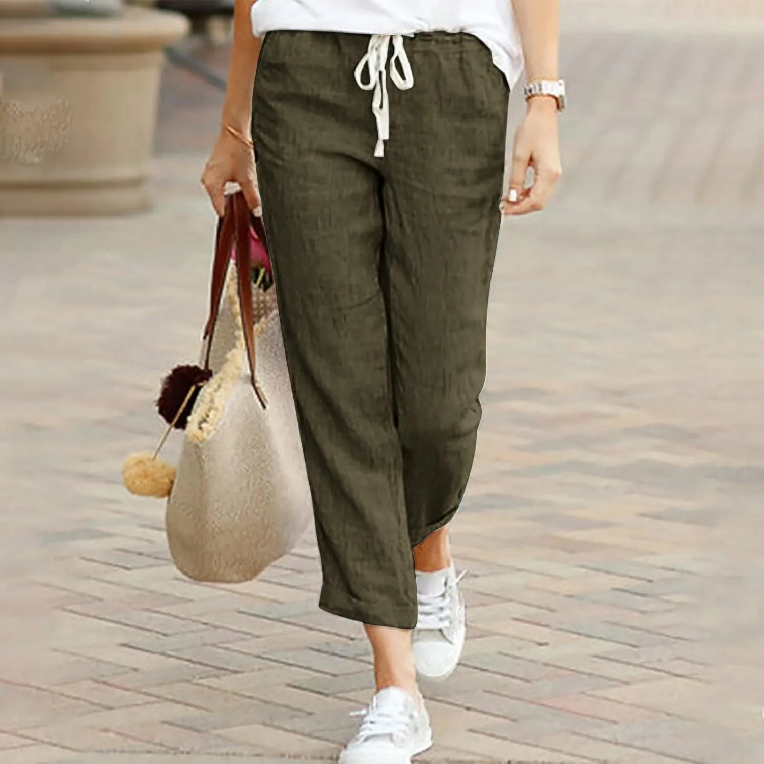Linen Pants for Women Beach Vacation Elastic Waist Drawstring Trousers 2025 Summer Casual Straight Legs Gauze Pants