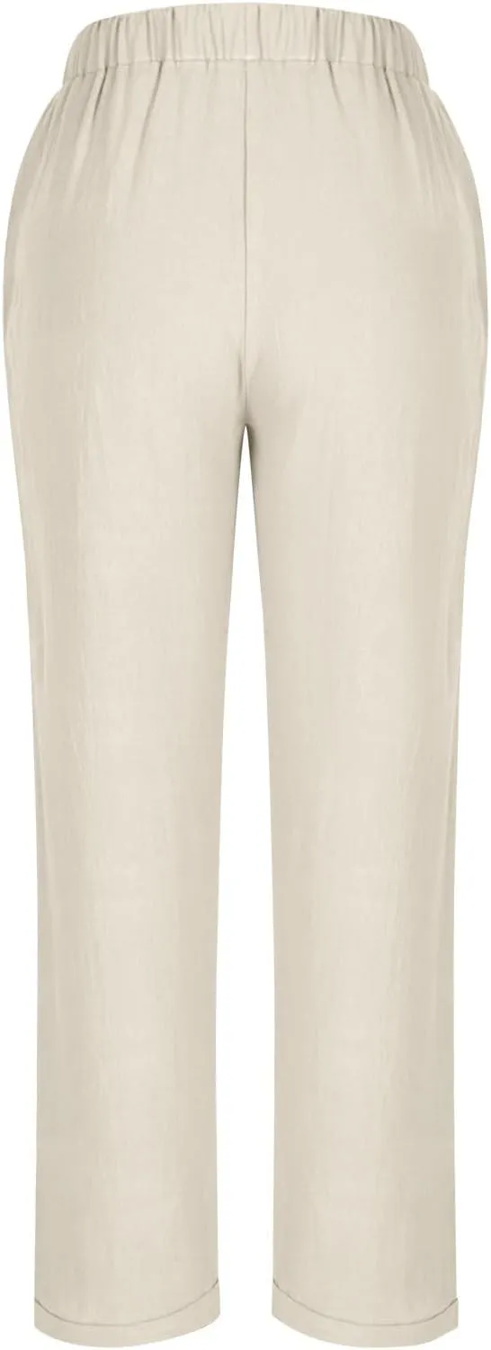 Linen Pants for Women Beach Vacation Elastic Waist Drawstring Trousers 2025 Summer Casual Straight Legs Gauze Pants