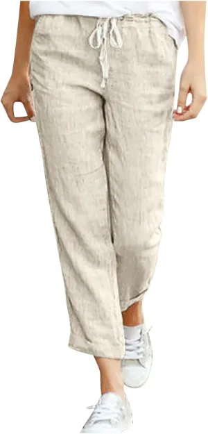 Linen Pants for Women Beach Vacation Elastic Waist Drawstring Trousers 2025 Summer Casual Straight Legs Gauze Pants
