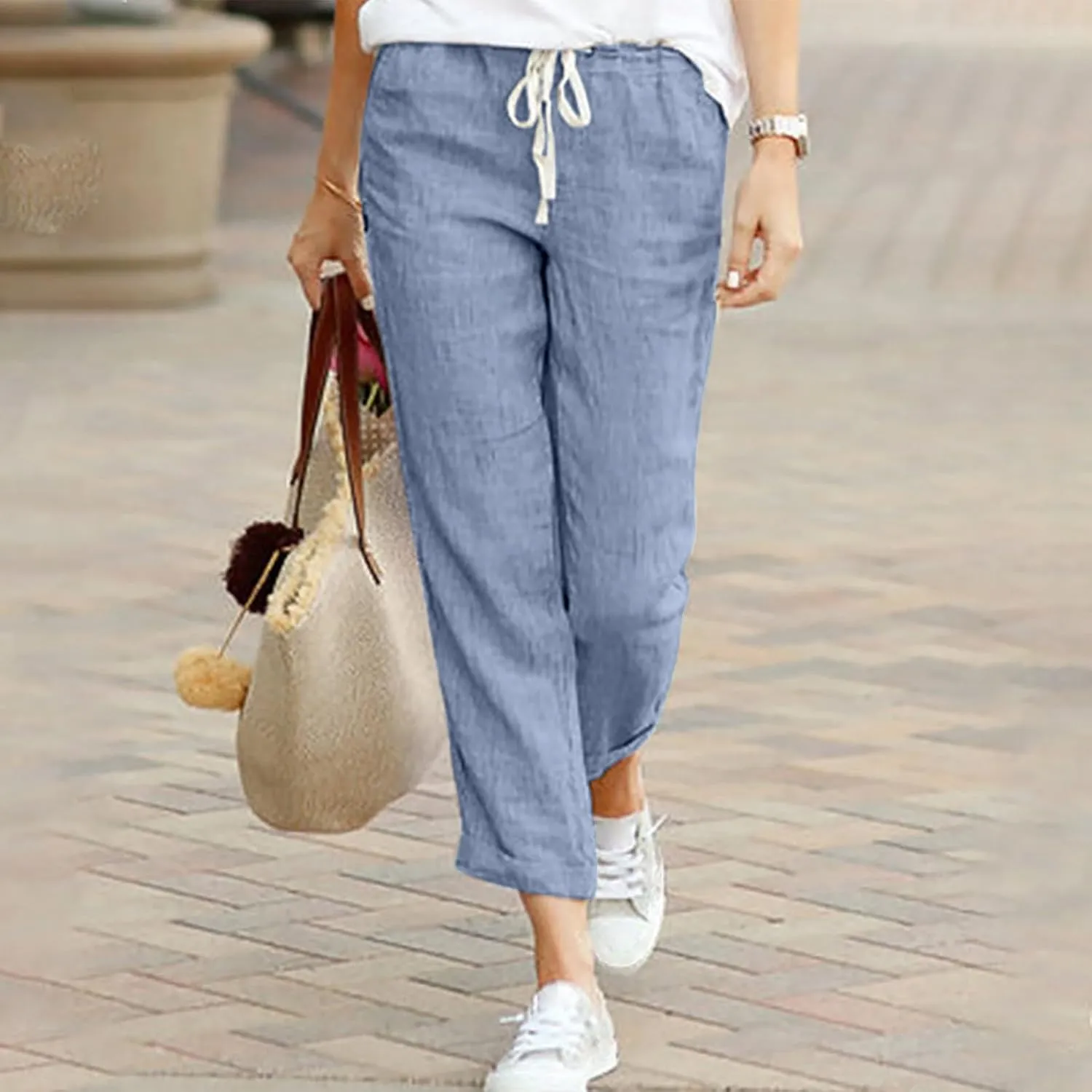 Linen Pants for Women Beach Vacation Elastic Waist Drawstring Trousers 2025 Summer Casual Straight Legs Gauze Pants