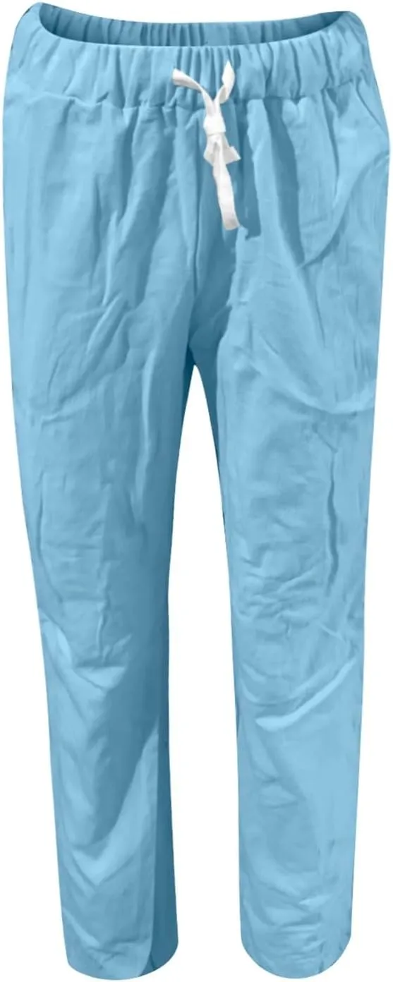 Linen Pants for Women Beach Vacation Elastic Waist Drawstring Trousers 2025 Summer Casual Straight Legs Gauze Pants