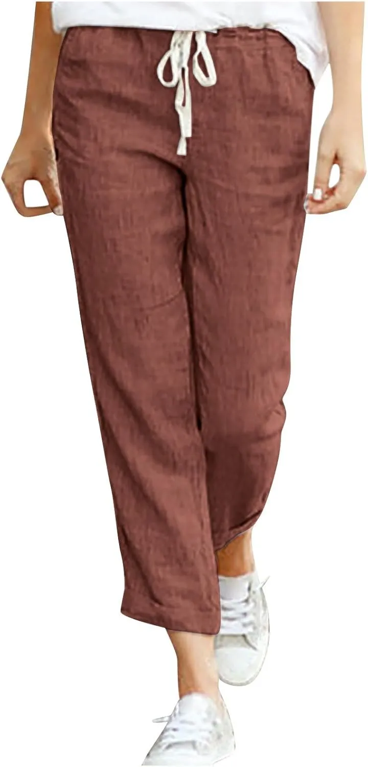 Linen Pants for Women Beach Vacation Elastic Waist Drawstring Trousers 2025 Summer Casual Straight Legs Gauze Pants