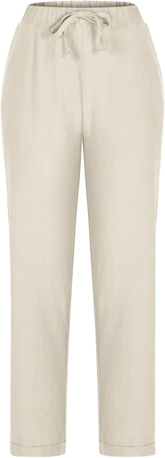 Linen Pants for Women Beach Vacation Elastic Waist Drawstring Trousers 2025 Summer Casual Straight Legs Gauze Pants