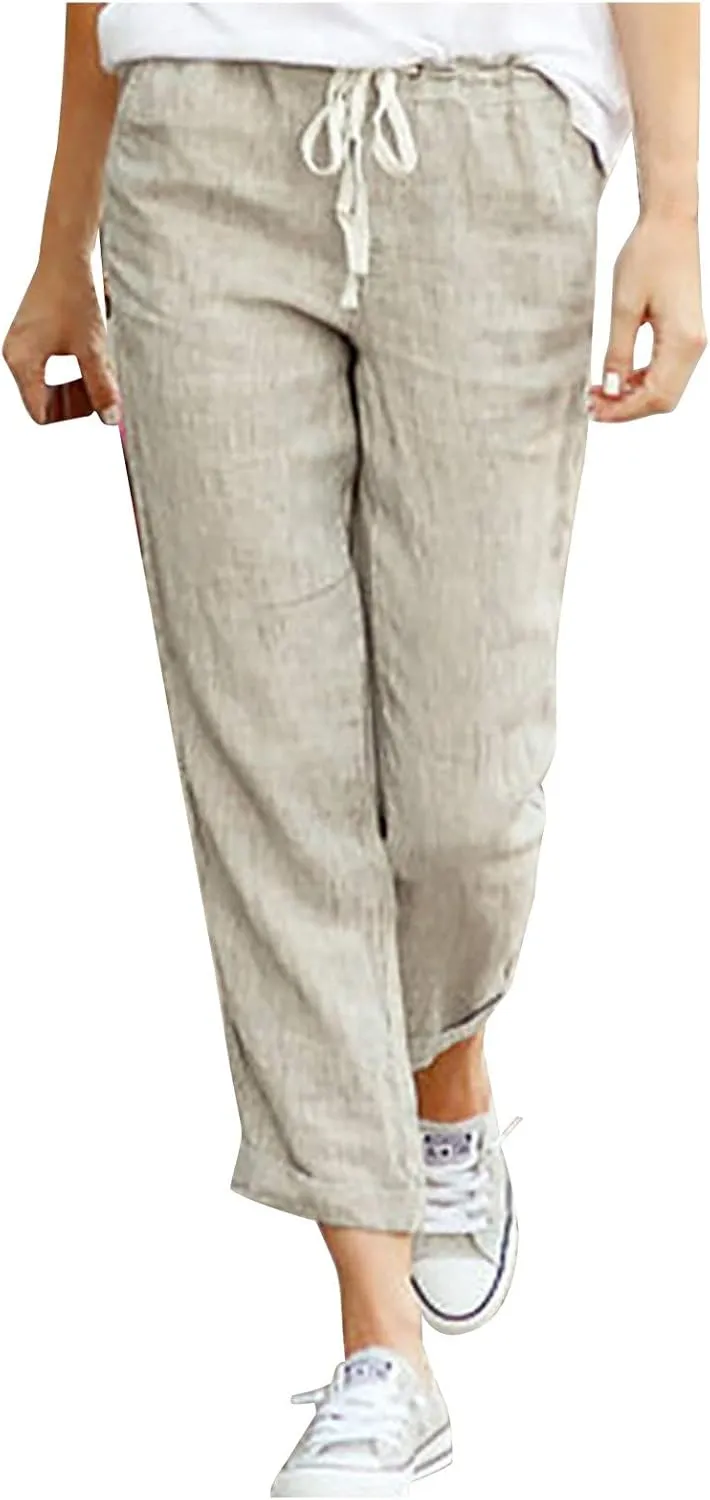 Linen Pants for Women Beach Vacation Elastic Waist Drawstring Trousers 2025 Summer Casual Straight Legs Gauze Pants