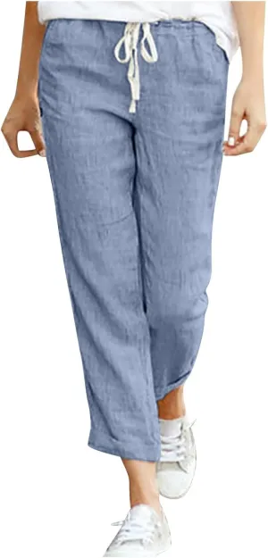 Linen Pants for Women Beach Vacation Elastic Waist Drawstring Trousers 2025 Summer Casual Straight Legs Gauze Pants