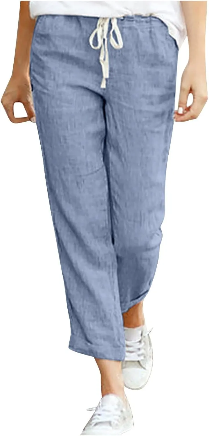 Linen Pants for Women Beach Vacation Elastic Waist Drawstring Trousers 2025 Summer Casual Straight Legs Gauze Pants