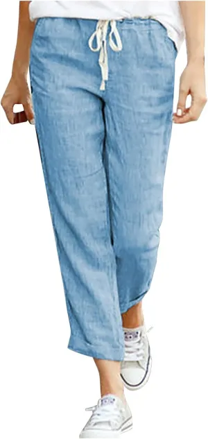 Linen Pants for Women Beach Vacation Elastic Waist Drawstring Trousers 2025 Summer Casual Straight Legs Gauze Pants