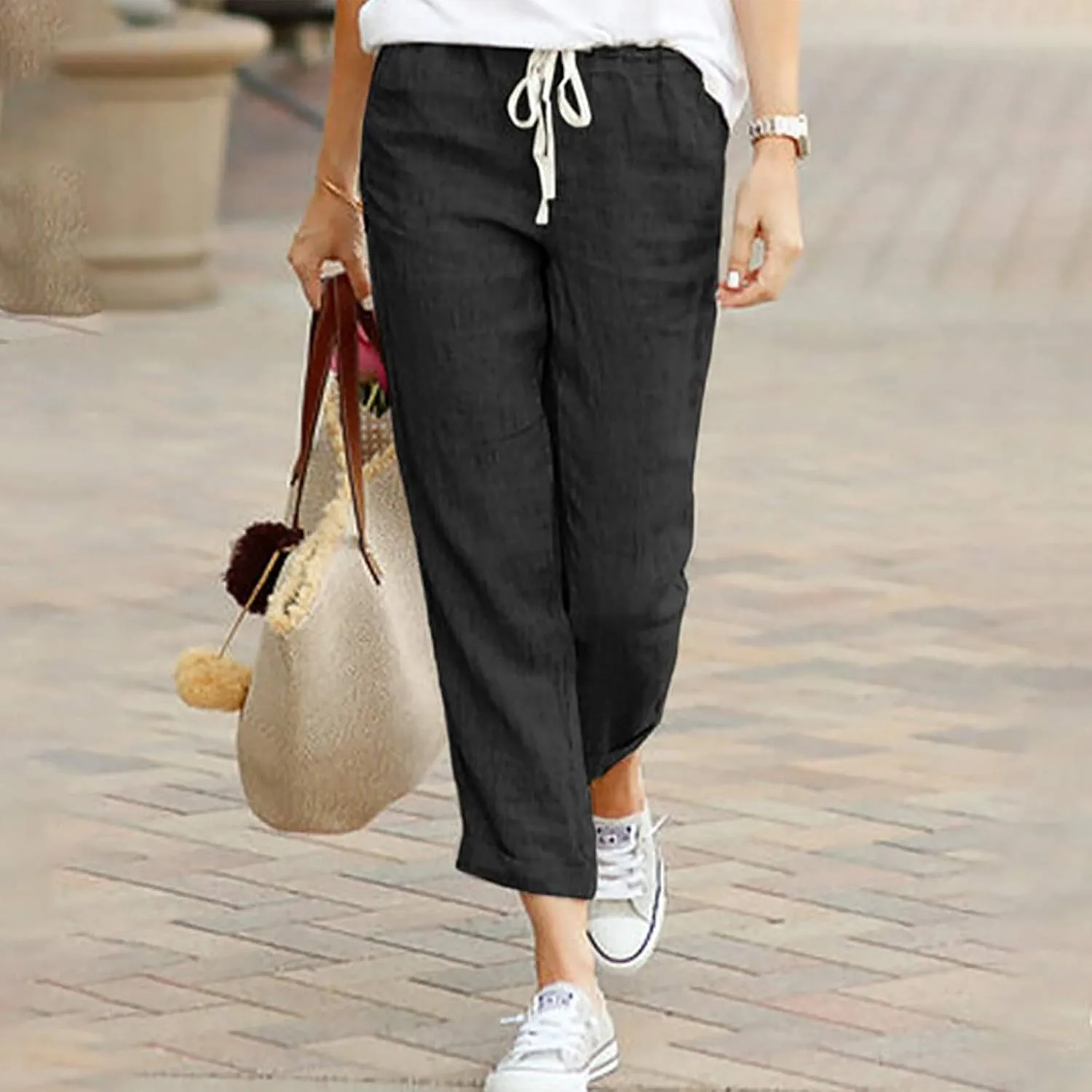 Linen Pants for Women Beach Vacation Elastic Waist Drawstring Trousers 2025 Summer Casual Straight Legs Gauze Pants