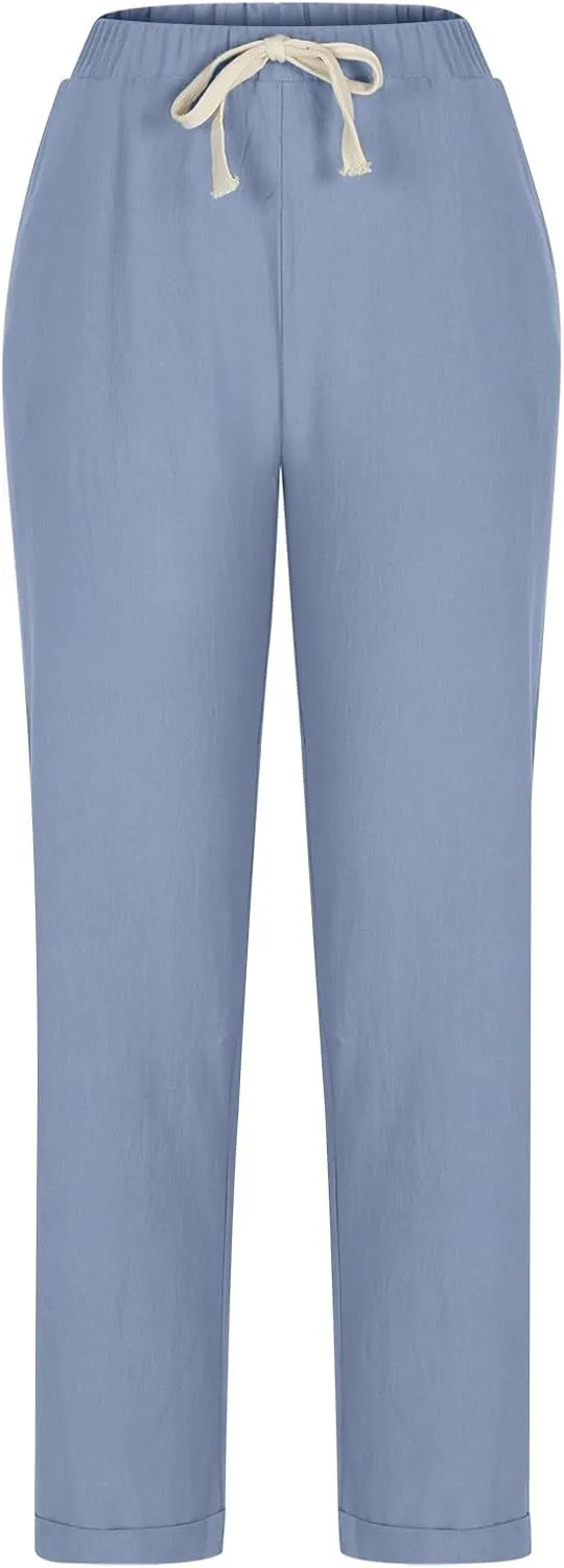Linen Pants for Women Beach Vacation Elastic Waist Drawstring Trousers 2025 Summer Casual Straight Legs Gauze Pants