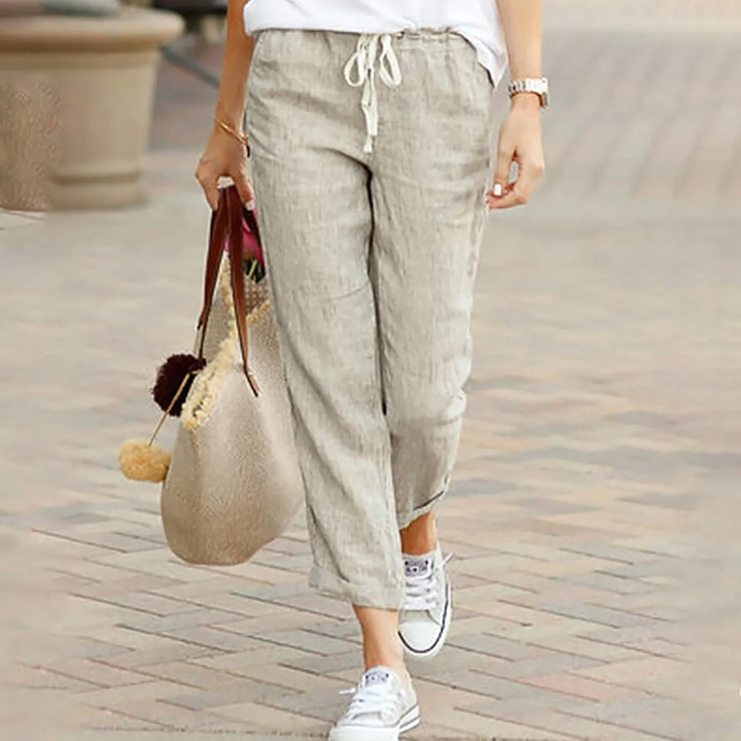 Linen Pants for Women Beach Vacation Elastic Waist Drawstring Trousers 2025 Summer Casual Straight Legs Gauze Pants