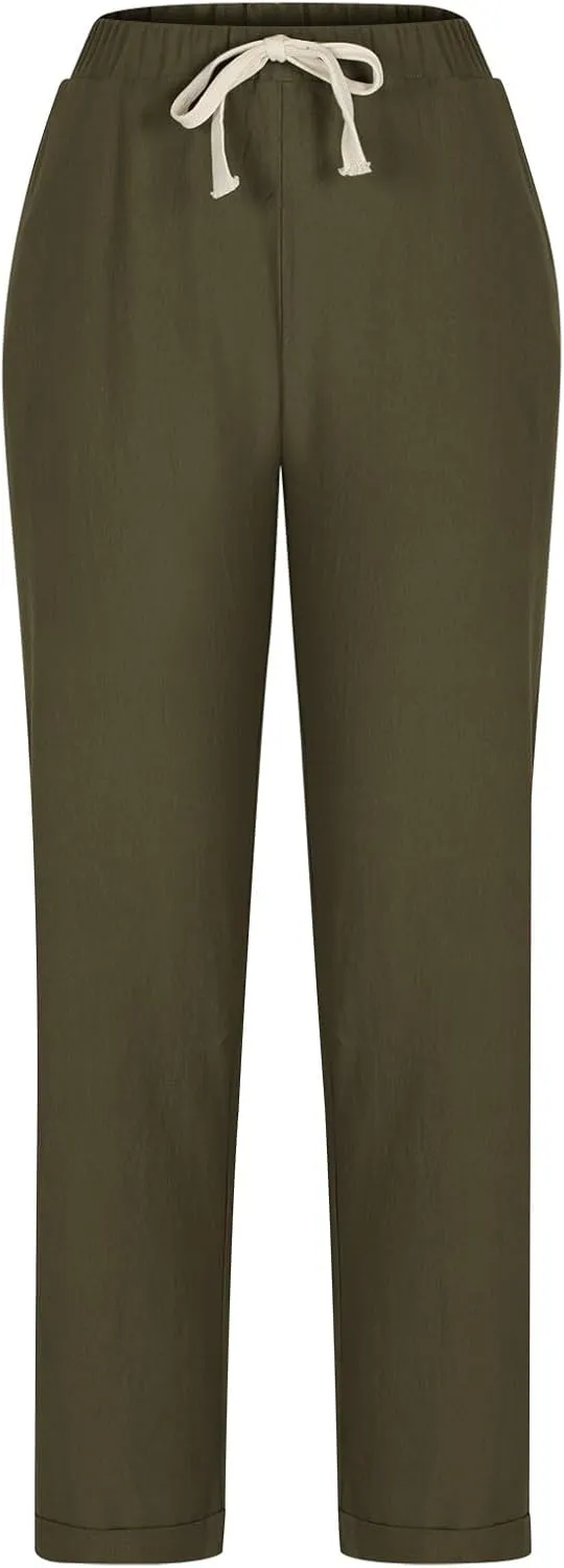 Linen Pants for Women Beach Vacation Elastic Waist Drawstring Trousers 2025 Summer Casual Straight Legs Gauze Pants
