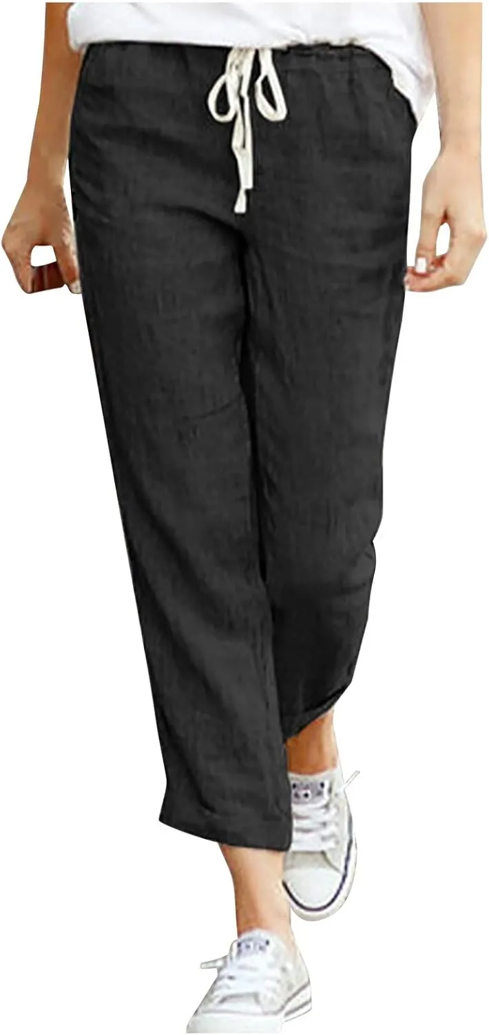 Linen Pants for Women Beach Vacation Elastic Waist Drawstring Trousers 2025 Summer Casual Straight Legs Gauze Pants