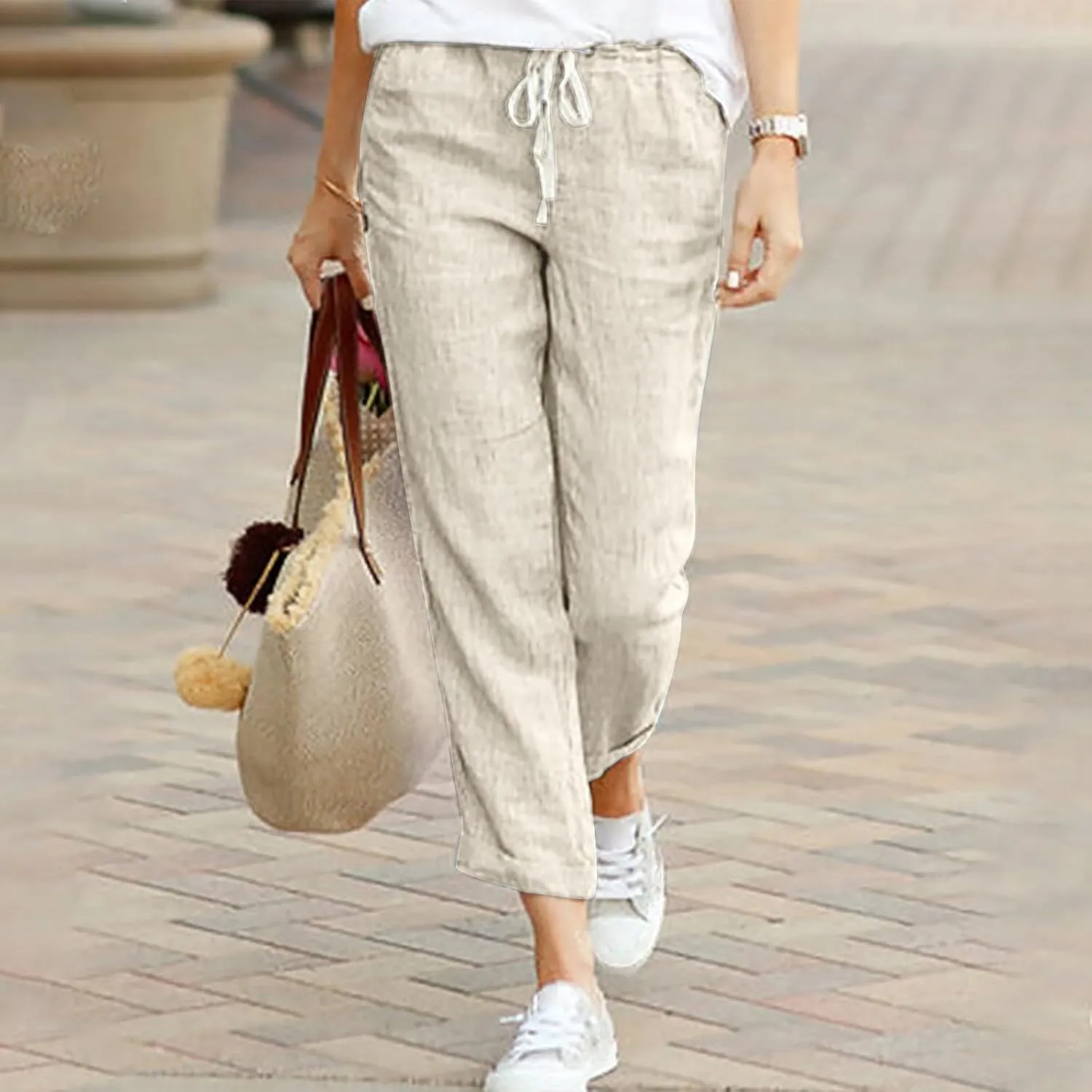 Linen Pants for Women Beach Vacation Elastic Waist Drawstring Trousers 2025 Summer Casual Straight Legs Gauze Pants