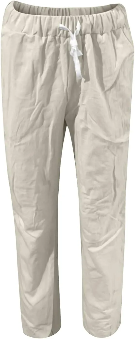 Linen Pants for Women Beach Vacation Elastic Waist Drawstring Trousers 2025 Summer Casual Straight Legs Gauze Pants