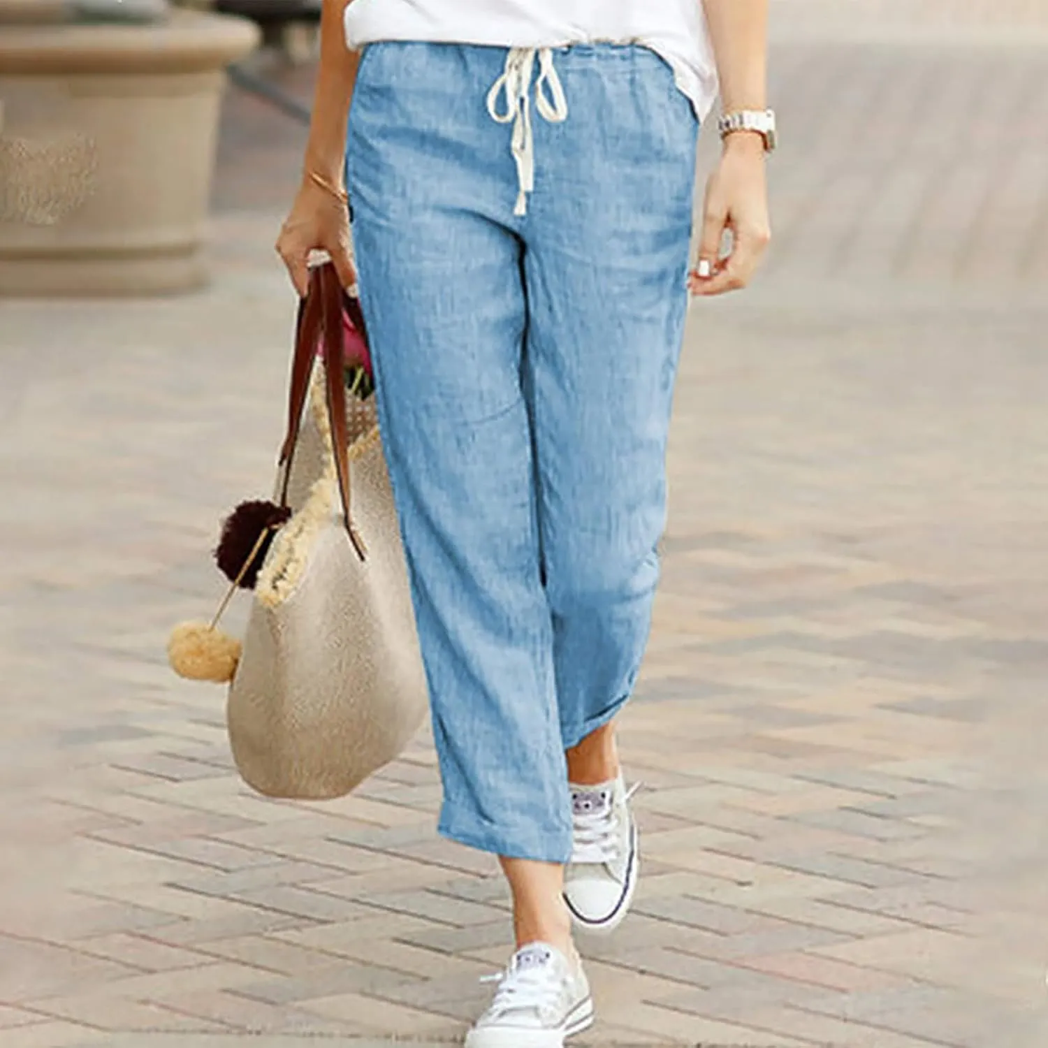 Linen Pants for Women Beach Vacation Elastic Waist Drawstring Trousers 2025 Summer Casual Straight Legs Gauze Pants