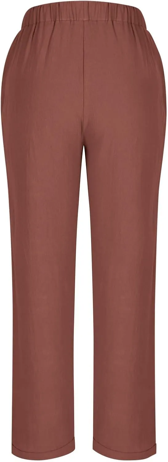 Linen Pants for Women Beach Vacation Elastic Waist Drawstring Trousers 2025 Summer Casual Straight Legs Gauze Pants