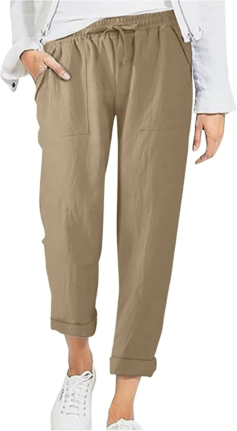 Linen Pants for Women Dressy Summer Straight Leg Pants Boho Cotton Linen Beach Vacation Lounge Trousers with Pockets
