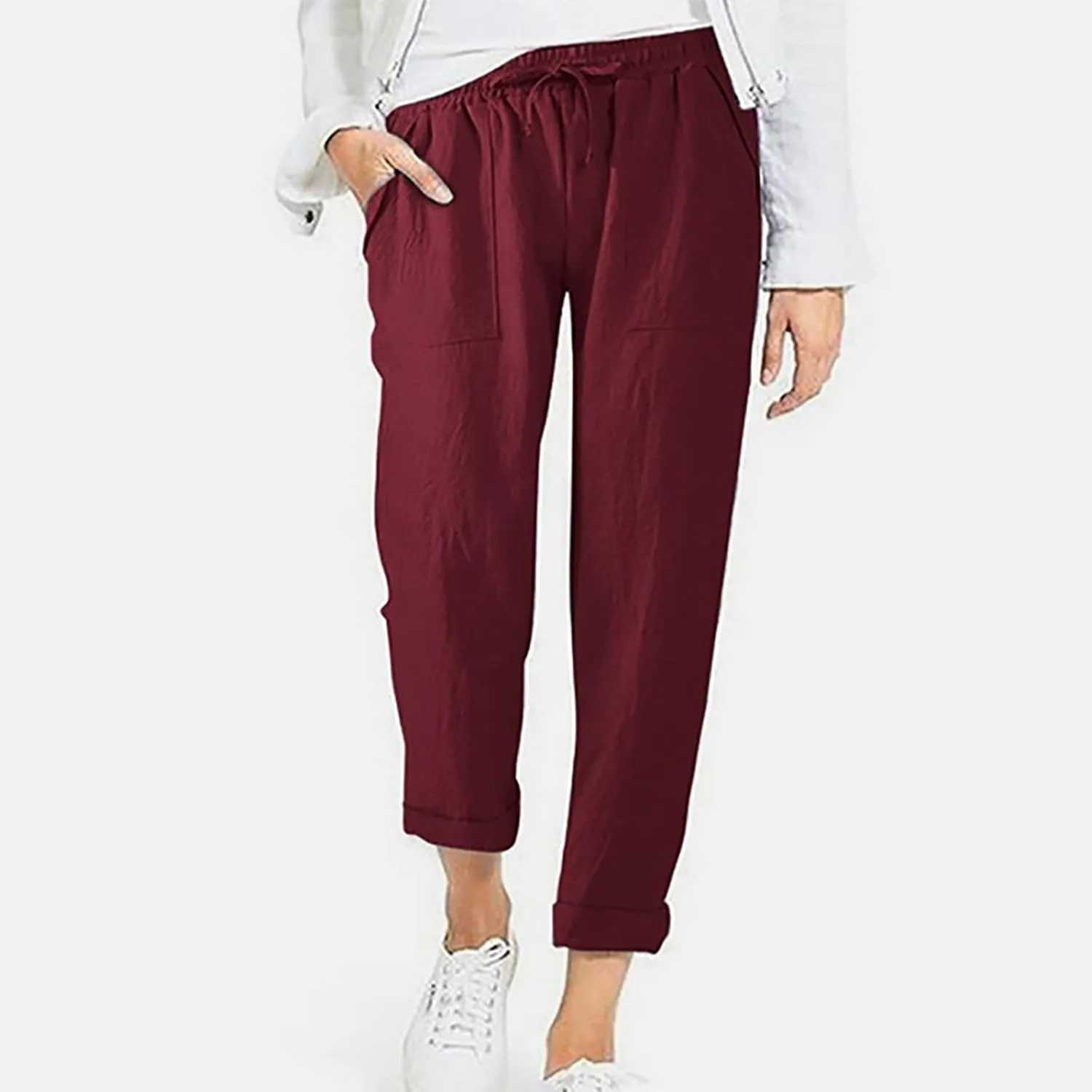 Linen Pants for Women Dressy Summer Straight Leg Pants Boho Cotton Linen Beach Vacation Lounge Trousers with Pockets
