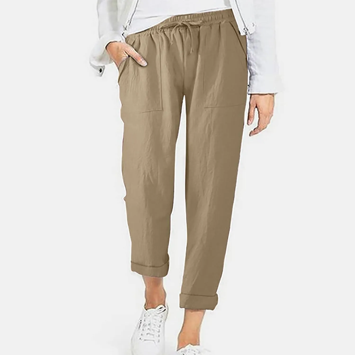 Linen Pants for Women Dressy Summer Straight Leg Pants Boho Cotton Linen Beach Vacation Lounge Trousers with Pockets