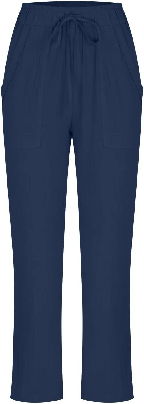 Linen Pants for Women Dressy Summer Straight Leg Pants Boho Cotton Linen Beach Vacation Lounge Trousers with Pockets