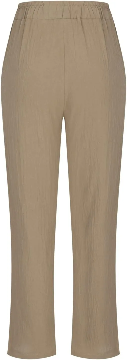 Linen Pants for Women Dressy Summer Straight Leg Pants Boho Cotton Linen Beach Vacation Lounge Trousers with Pockets