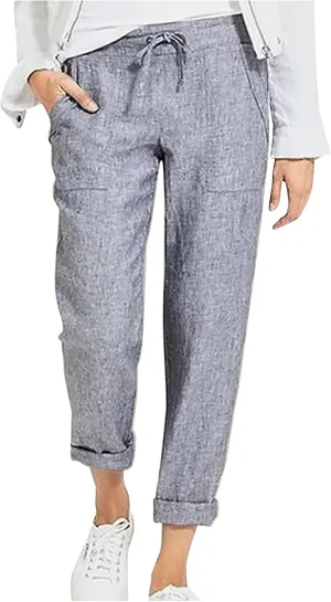 Linen Pants for Women Dressy Summer Straight Leg Pants Boho Cotton Linen Beach Vacation Lounge Trousers with Pockets