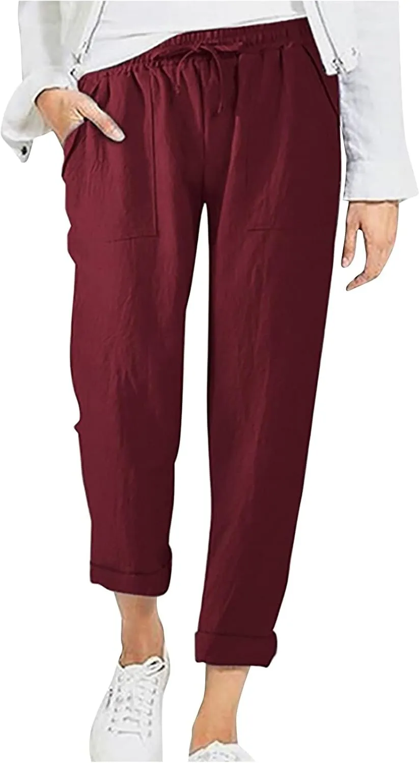 Linen Pants for Women Dressy Summer Straight Leg Pants Boho Cotton Linen Beach Vacation Lounge Trousers with Pockets