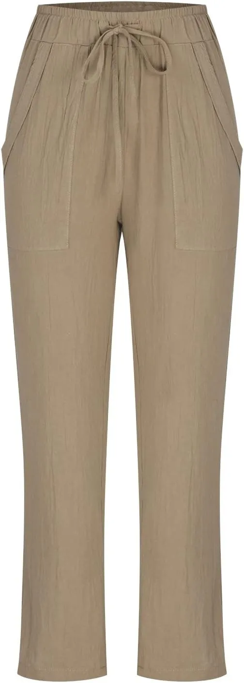 Linen Pants for Women Dressy Summer Straight Leg Pants Boho Cotton Linen Beach Vacation Lounge Trousers with Pockets