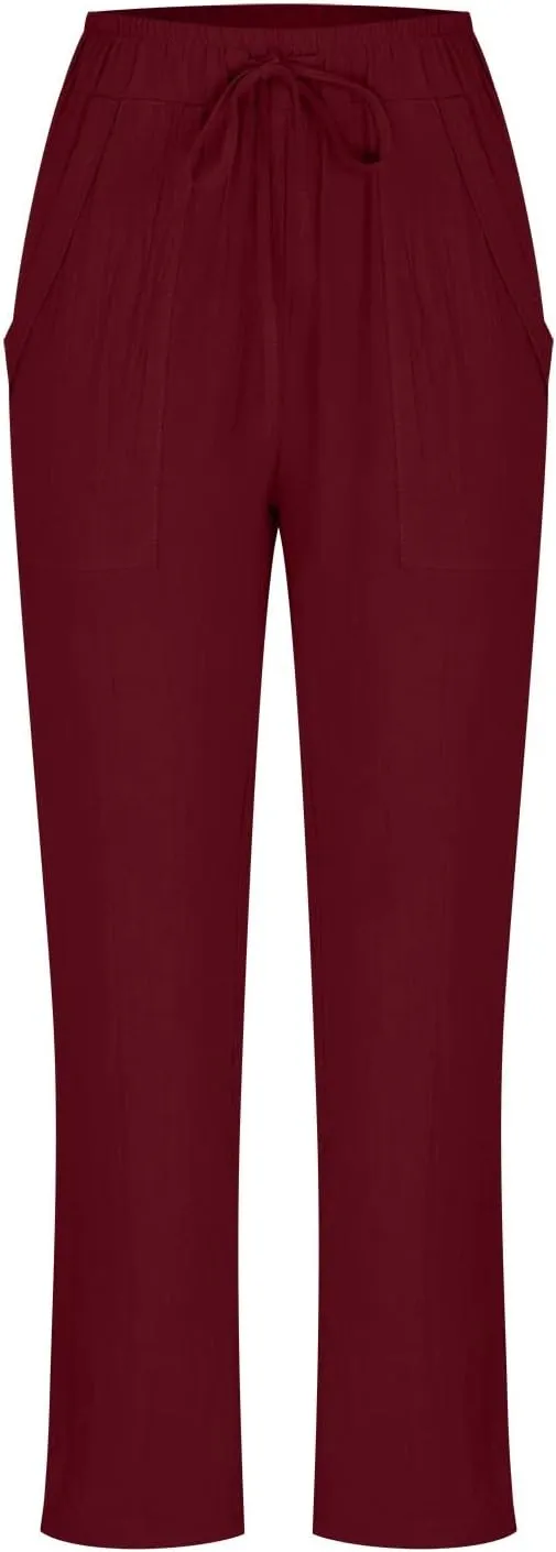 Linen Pants for Women Dressy Summer Straight Leg Pants Boho Cotton Linen Beach Vacation Lounge Trousers with Pockets