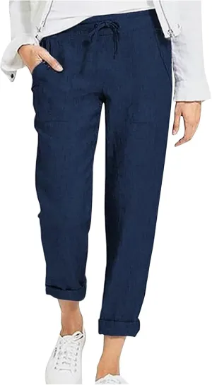 Linen Pants for Women Dressy Summer Straight Leg Pants Boho Cotton Linen Beach Vacation Lounge Trousers with Pockets